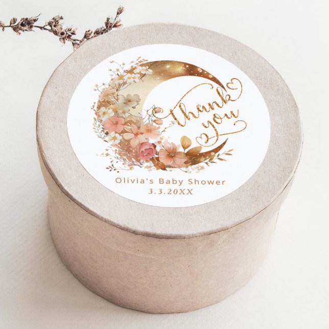 Adesivo Redondo Sobre a lua chá de fraldas de ouro obrigado você (Criador carregado)