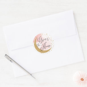 Adesivo Redondo Sobre a Lua, Dourada Glitter Envelope Rosa