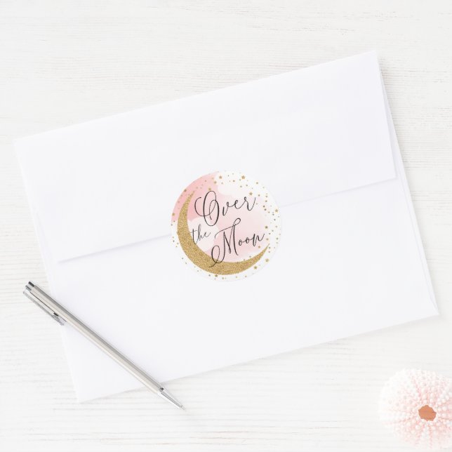Adesivo Redondo Sobre a Lua, Dourada Glitter Envelope Rosa (Envelope)