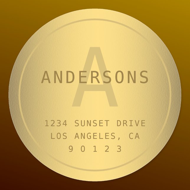 Adesivo Redondo Sobrenome Dourado Faux Monograma & Endereço de dev (Criador carregado)