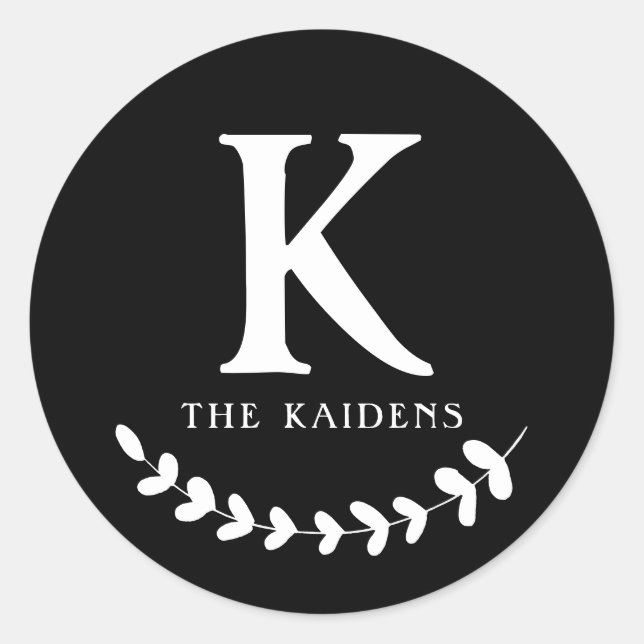 Adesivo Redondo Sobrenome inicial da família do monograma preto e  (Frente)