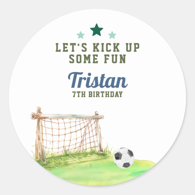 Adesivo Redondo Soccer “Let’s Kick Up Some Fun” Any Age Birthday (Frente)