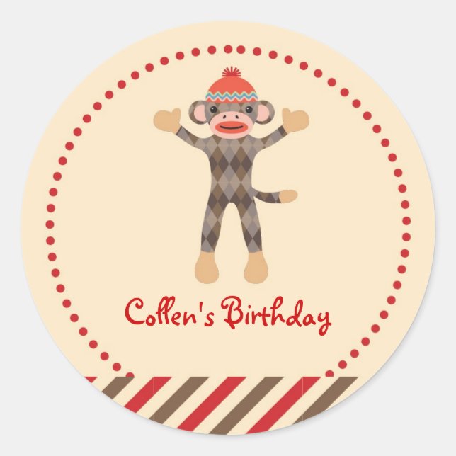 Adesivo Redondo Sock Monkey Birthday Favor Sticker (Frente)