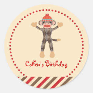 Adesivo Redondo Sock Monkey Birthday Favor Sticker