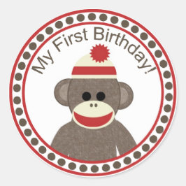 Adesivo Redondo Sock Monkey First Birday