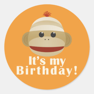 Adesivo Redondo Sock Monkey Orange Birthday Stickers Kelly Schwark