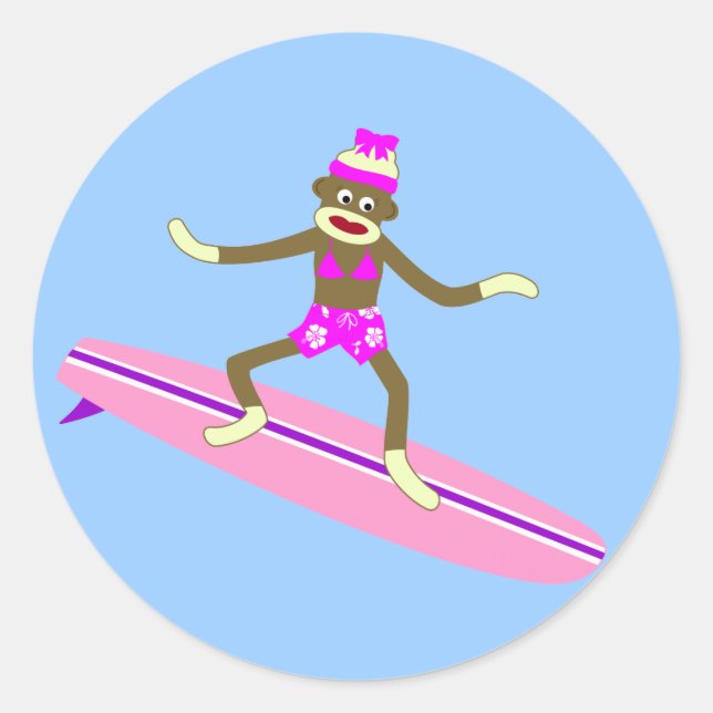 Adesivo Redondo Sock Monkey Surfer Girl (Frente)