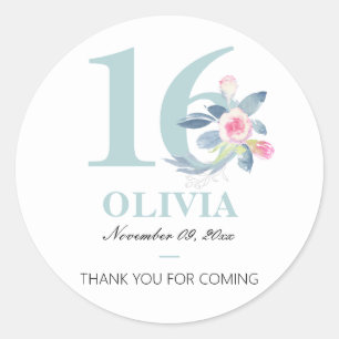 ADESIVO REDONDO SOFT AQUA BLUSH BLUE FLORAL 16º ANIVERSÁRIO DE Q