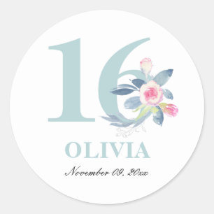 ADESIVO REDONDO SOFT AQUA BLUSH BLUE FLORAL 16º ANIVERSÁRIO DE Q