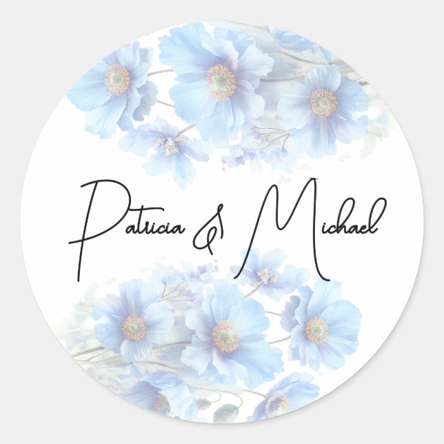 Adesivo Redondo Soft Blue Himalayan Poppy Flower Garden Wedding  (Frente)