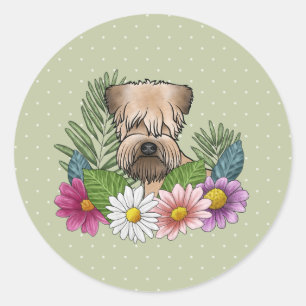 Adesivo Redondo Soft-Coated Wheaten Terrier Flores Coloridas Verde