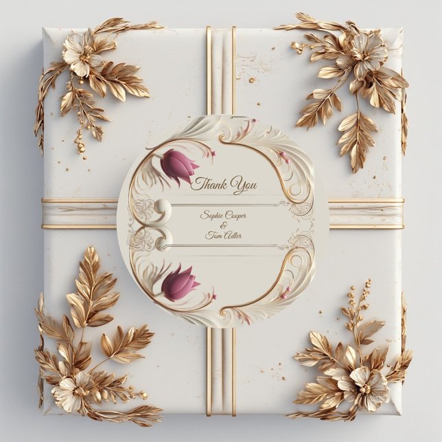 Adesivo Redondo Soft Gold Baroque Grandeur with Tulip Floral Swirl (Soft Gold Baroque Grandeur with Tulip Floral Swirl Classic Round Sticker)