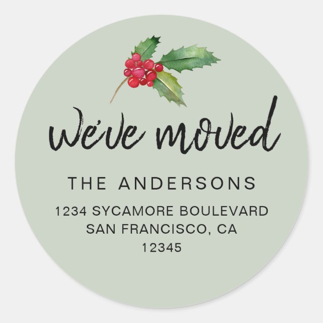 Adesivo Redondo Soft Green Holly We’ve Moved Address (Frente)