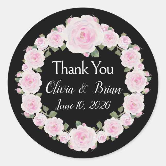 Adesivo Redondo Soft Pink Roses Wreath Names Sticker (Frente)
