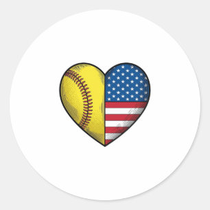 Adesivo Redondo Softbol EUA Bandeira Coração Design Vetorial Vinta