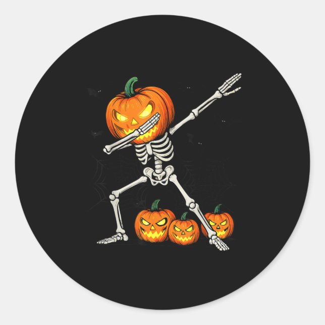 Adesivo Redondo Soky Dabbing Pumpkin Head Skeleton Halloween Skele (Frente)