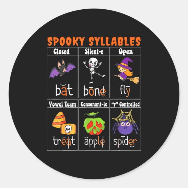 Adesivo Redondo Soky Syllables Funny Halloween Educational Teacher (Frente)