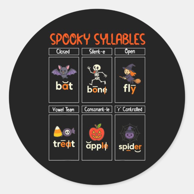 Adesivo Redondo Soky Syllables Halloween Teacher Educational Phoni (Frente)