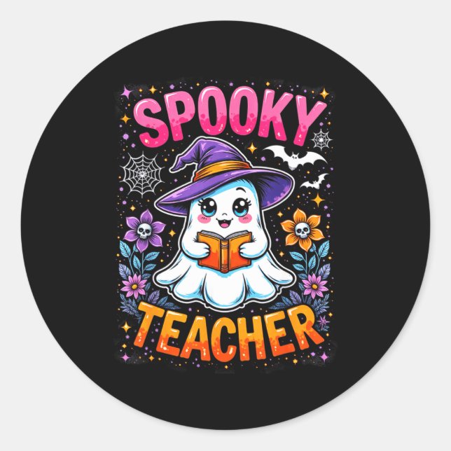 Adesivo Redondo Soky Teacher Cute Ghost Reading Book Funny Hallo  (Frente)