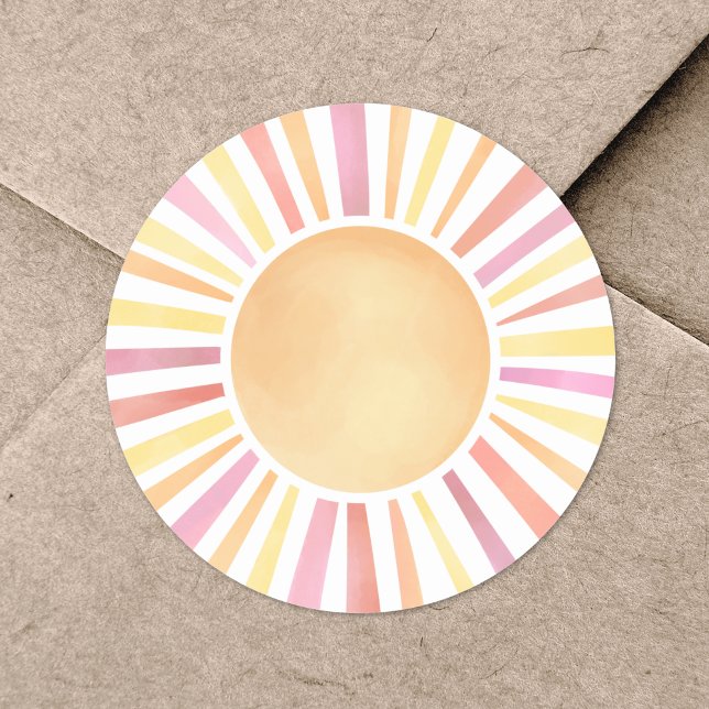 Adesivo Redondo Sol Cor d'água Cor Rosa Sol (Sunshine Watercolor Pink Sun Classic Round Sticker)