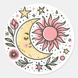 Adesivo Redondo Sol Lua Floral Cor-de-Rosa Amarelo-Amarelo Astroló
