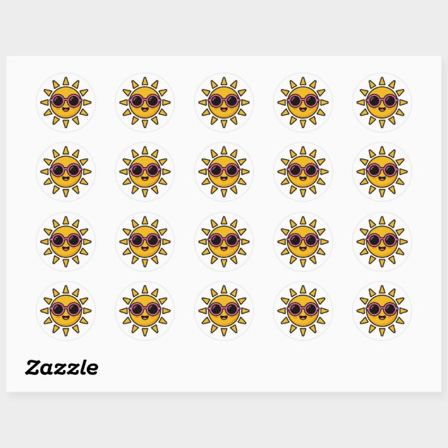 Adesivo Redondo Sol Retro Kawaii Fofo Usando Óculos de Sol Rosa Ve (Folha)