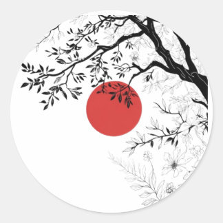 Adesivo Redondo Sol Vermelho Japonês e Arte de Galho de Pincel