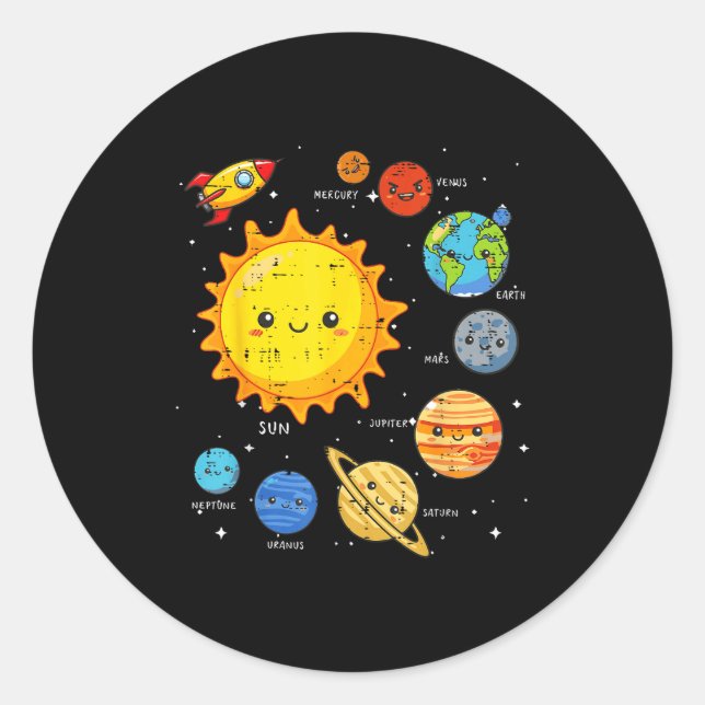 Adesivo Redondo Solar System Sun Planets Rocket Space Galaxy Kids  (Frente)