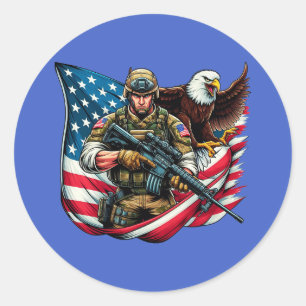 Adesivo Redondo Soldado Americano Eagle EUA Bandeira Arte Patrióti