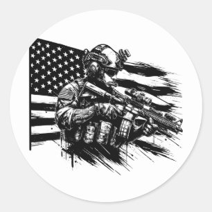 Adesivo Redondo Soldado Militar Americano Bandeira Arte Patriótica