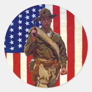 Adesivo Redondo Soldado Patriótico Vintage com Bandeira Americana