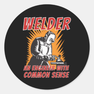 Adesivo Redondo Soldar Um Engenheiro Com Um Funcionário De Metais