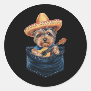 Adesivo Redondo Sombrero Yorkshire Terrier Dog Tocando guitarra Ci