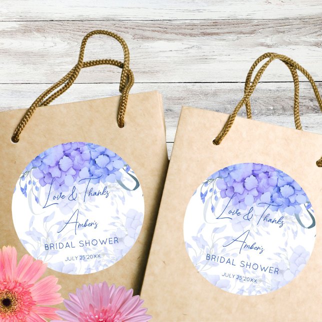 Adesivo Redondo Something blue hidrangea chá de noiva impresso (Something blue hydrangea bridal shower printed thank you favor sticker bridal shower favors)