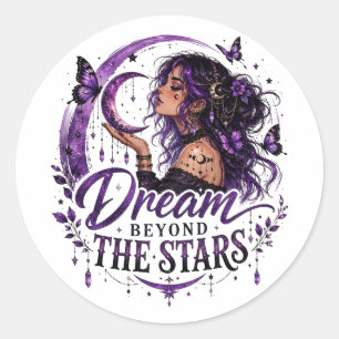 Adesivo Redondo Sonhe Além das Estrelas Celestial Purple Wicca