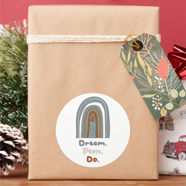 Adesivo Redondo Sonhe, planeje, faça um arco-íris motivacional col (Feriado)