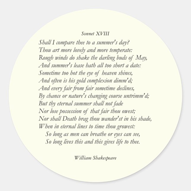 Adesivo Redondo Sonnet nº 18 por William Shakespeare (Frente)