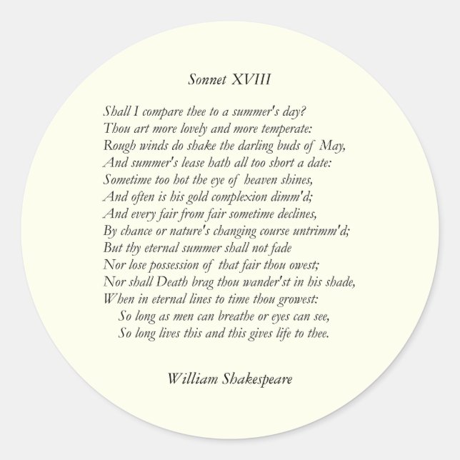 Adesivo Redondo Sonnet nº 18 por William Shakespeare (Frente)