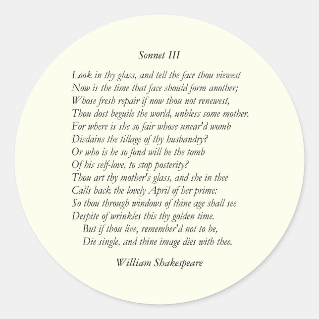 Adesivo Redondo Sonnet nº 3 de William Shakespeare (Frente)