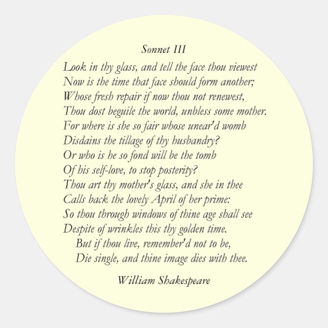 Adesivo Redondo Sonnet nº 3 de William Shakespeare (Frente)