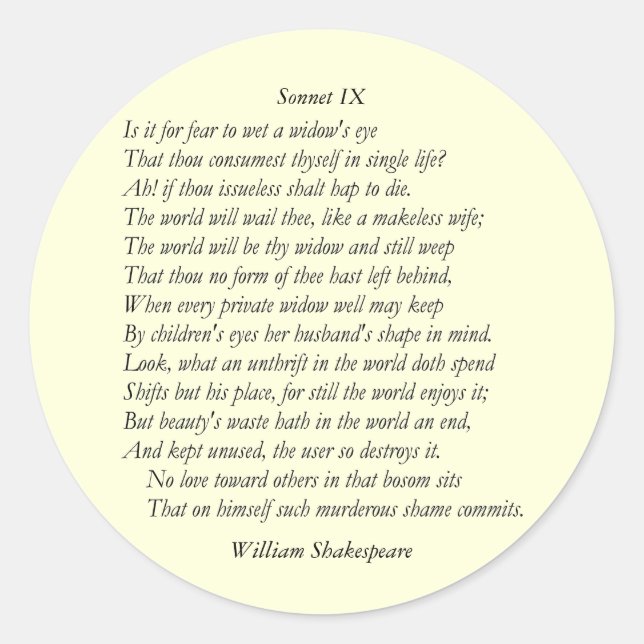 Adesivo Redondo Sonnet nº 9 de William Shakespeare (Frente)