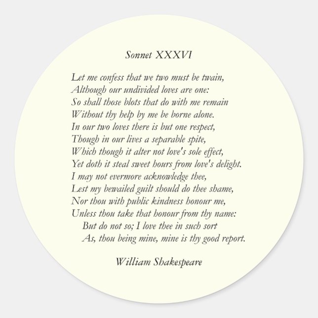 Adesivo Redondo Sonnet Número 36 de William Shakespeare (Frente)
