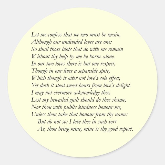 Adesivo Redondo Sonnet Número 36 de William Shakespeare (Frente)