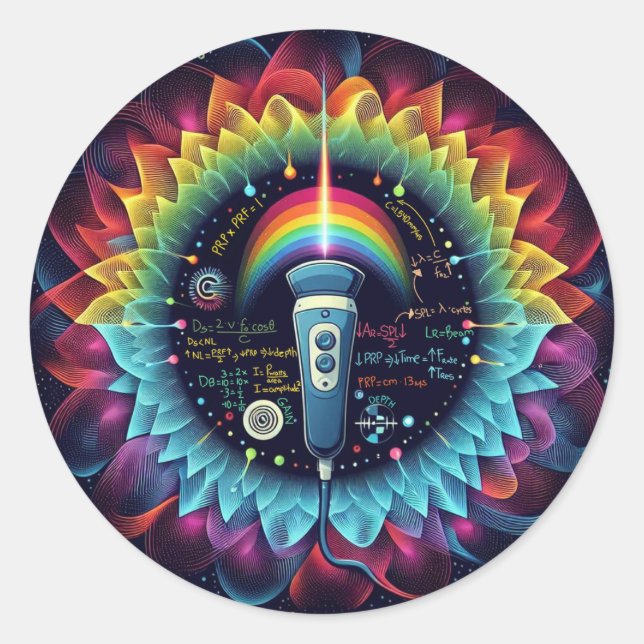 Adesivo Redondo Sonografia - Ondas de Ultrassom Coloridas - Física (Frente)