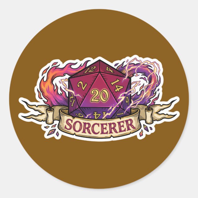 Adesivo Redondo Sorcerer D20 Class Crest Sticker - Funny D&D Sorce (Frente)