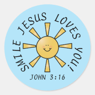 Adesivo Redondo Sorria Jesus Te Ama Pau Azul Amarelo