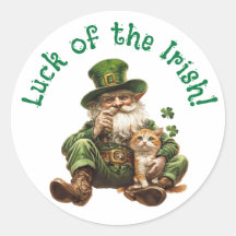 Sorte do Irish Round Sticker Cat & Leprechaun
