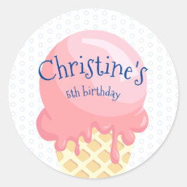 Adesivo Redondo Sorvete aniversário de criança cor-de-rosa nome az