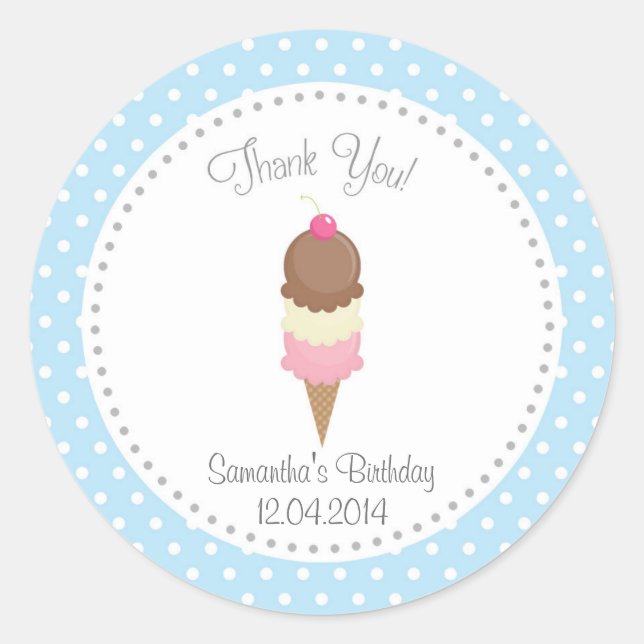 Adesivo Redondo Sorvete Aniversário Obrigado Sticker Azul (Frente)