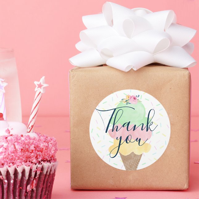 Adesivo Redondo Sorvete Aquarela Cone Obrigado Vinhetas (Criador carregado)